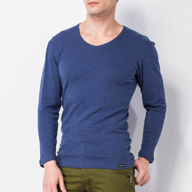 【MORINO摩力諾】長袖棉毛彩色V領衫-藍(2件組)