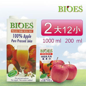 【囍瑞BIOES】 純天然蘋果原汁2入(1000ml/瓶)+12入(200ml/瓶)