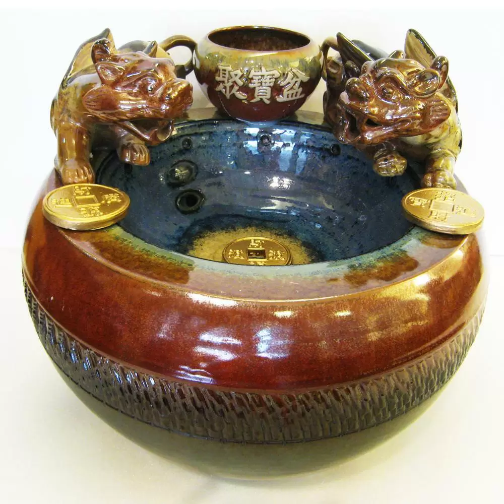 大【雙貔貅】漩渦流水盆聚寶盆 風水輪