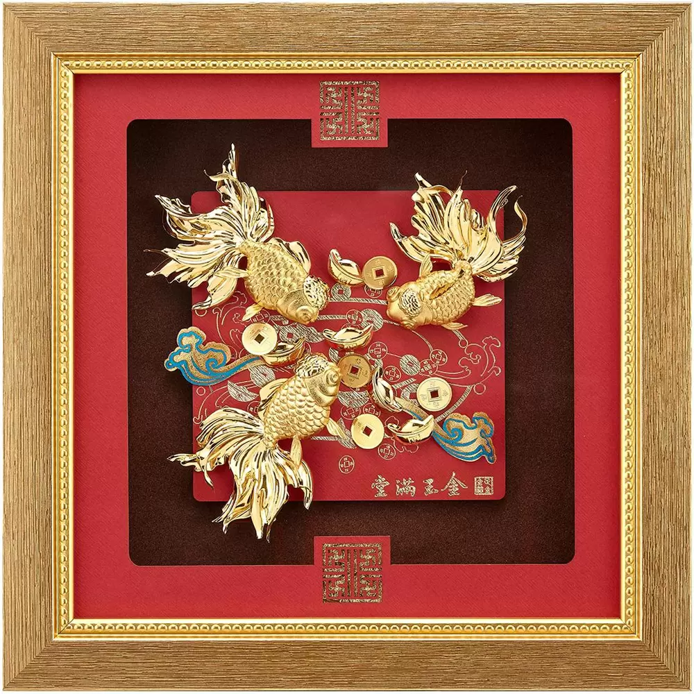 【開運陶源】純金祥和金箔畫系列金魚【金玉滿堂 】.24x24cm