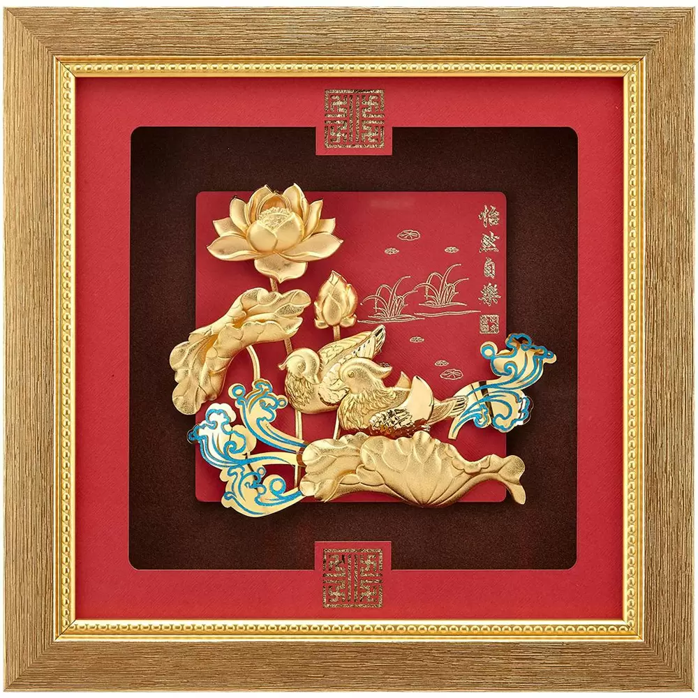 純金祥和金箔畫系列【怡然自樂 鴛鴦戲水】.24x24 cm