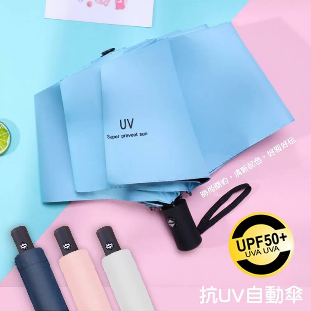【QiMart】抗UV可摺疊自動收合降溫黑膠八骨傘-8入組