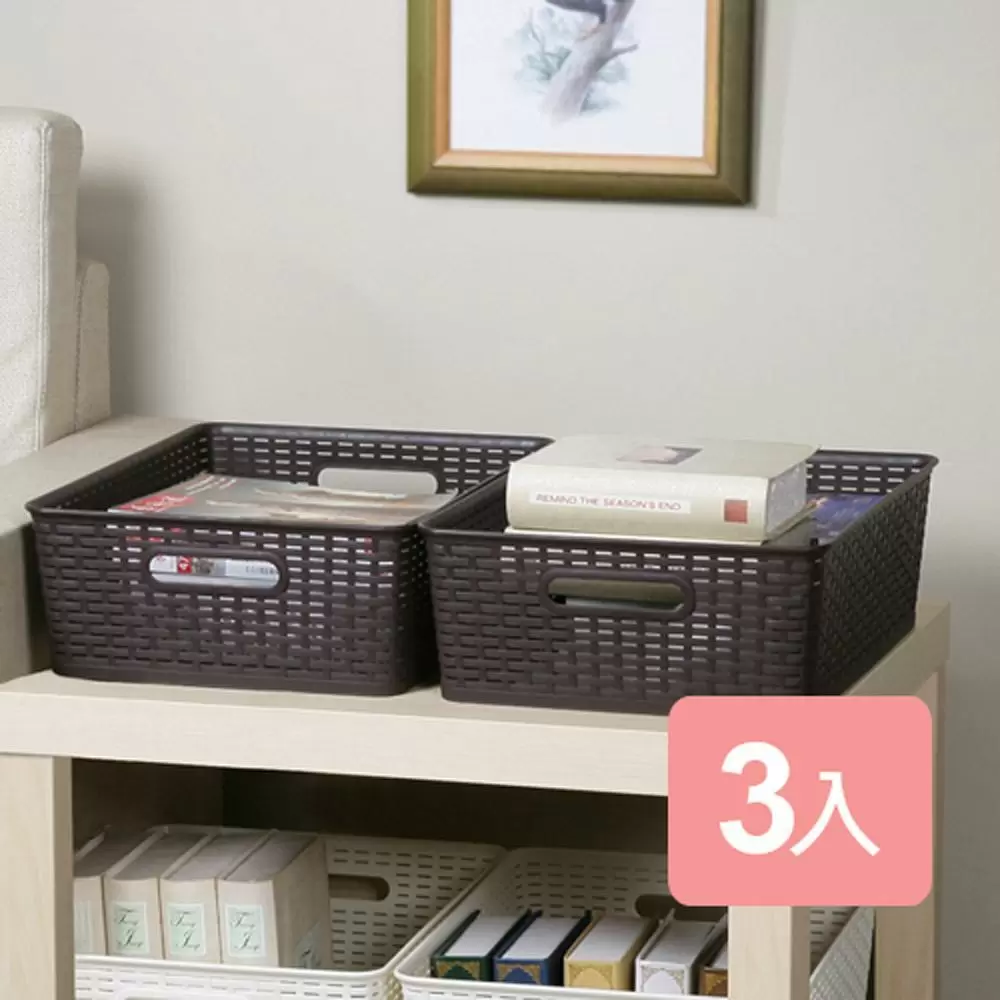 《真心良品》藤蔓風淺型收納籃16L(3入) (時尚棕/高雅白)