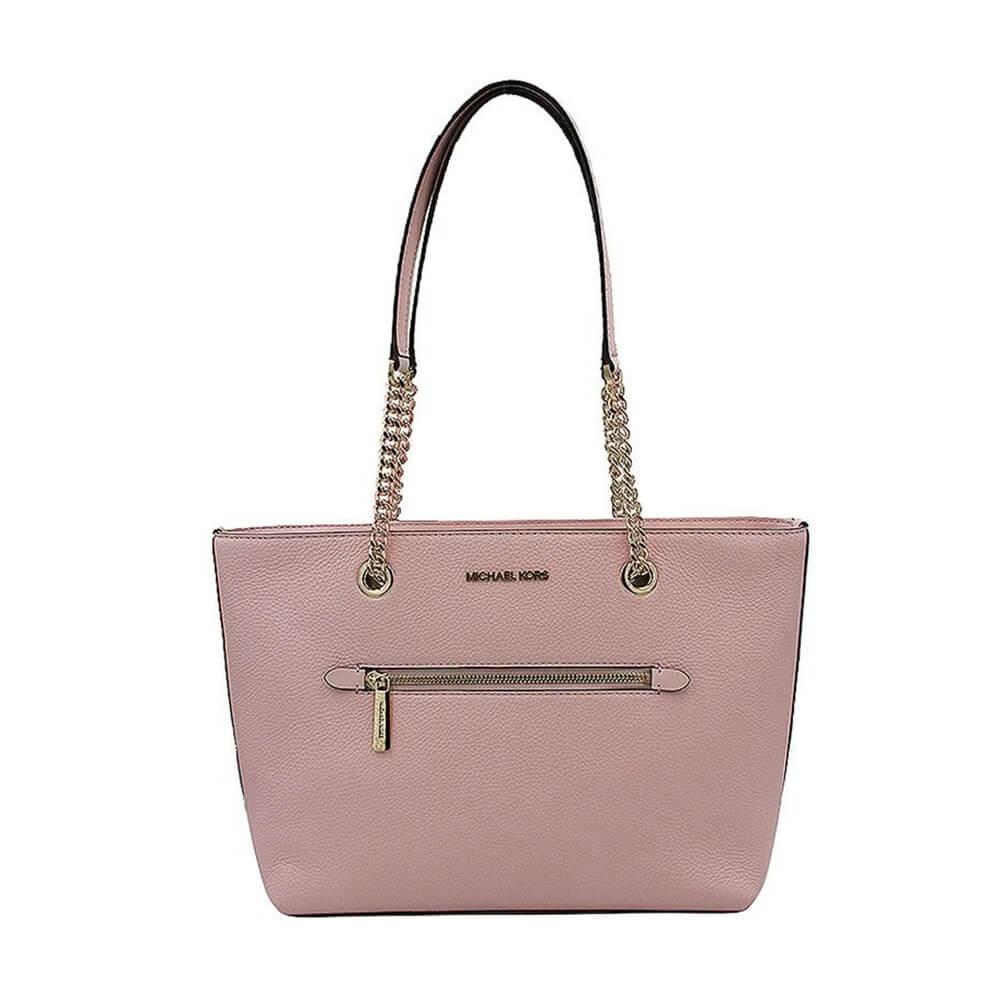 【Michael Kors】JET SET荔枝紋鏈帶前拉鍊袋肩背托特包(粉色)