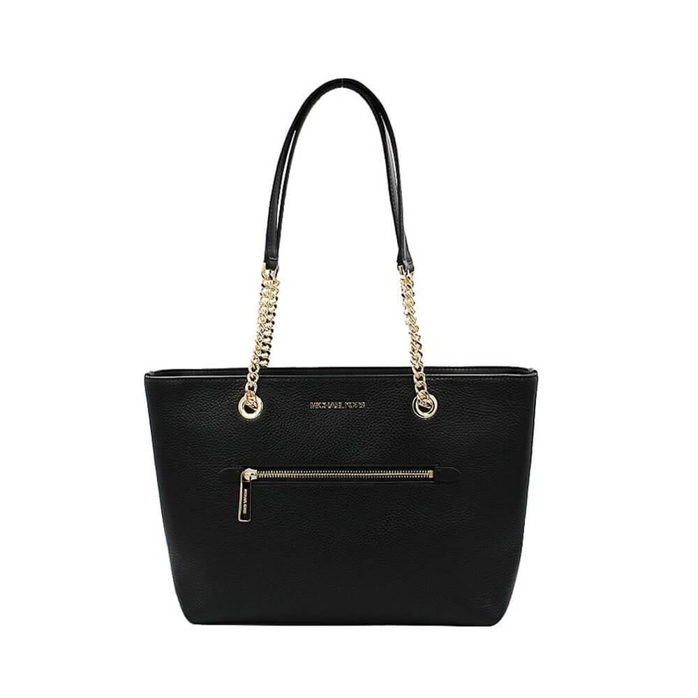 【Michael Kors】JET SET荔枝紋鏈帶前拉鍊袋肩背托特包(黑色)