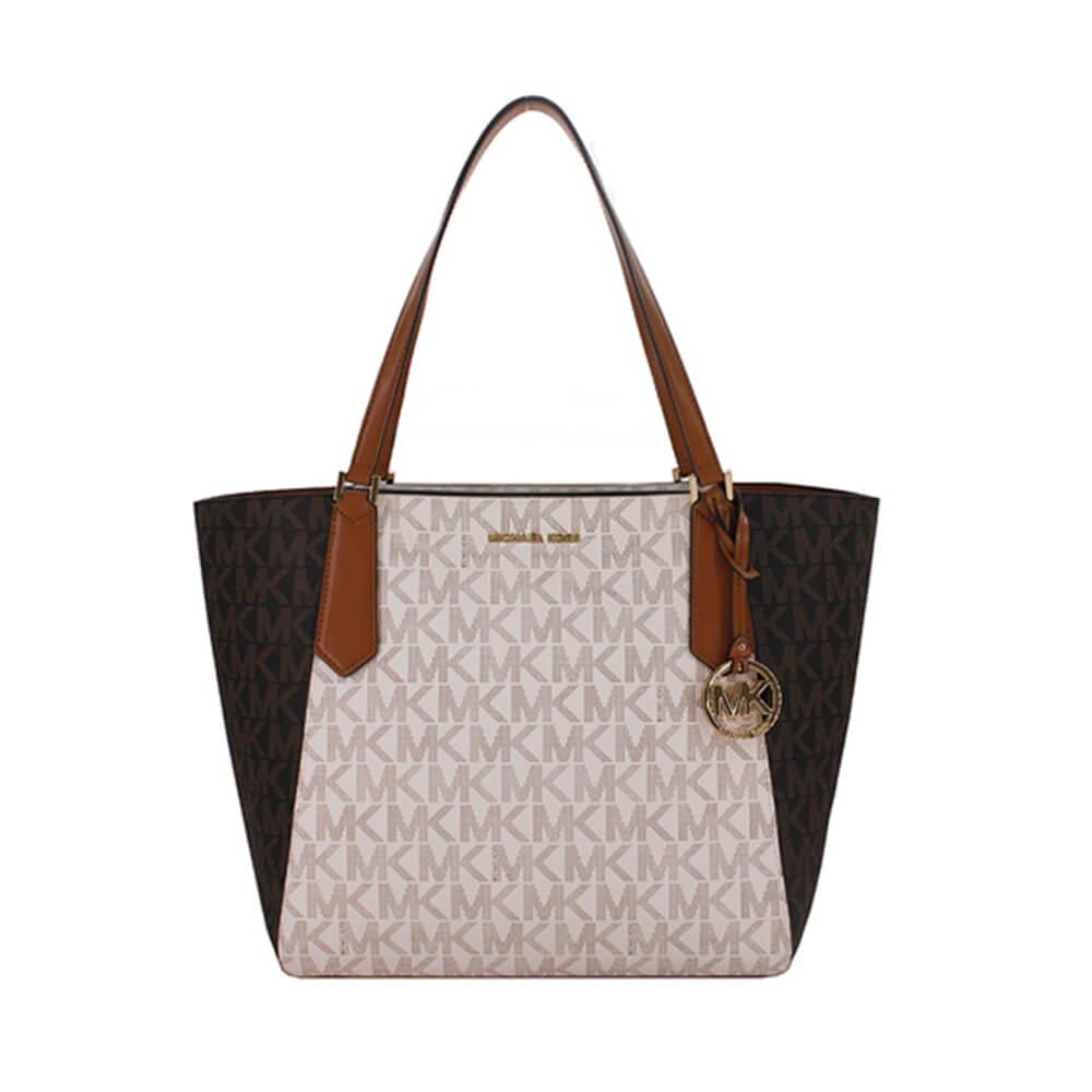 【Michael Kors】KIMBERLY滿版拼接托特包大(米/咖啡)