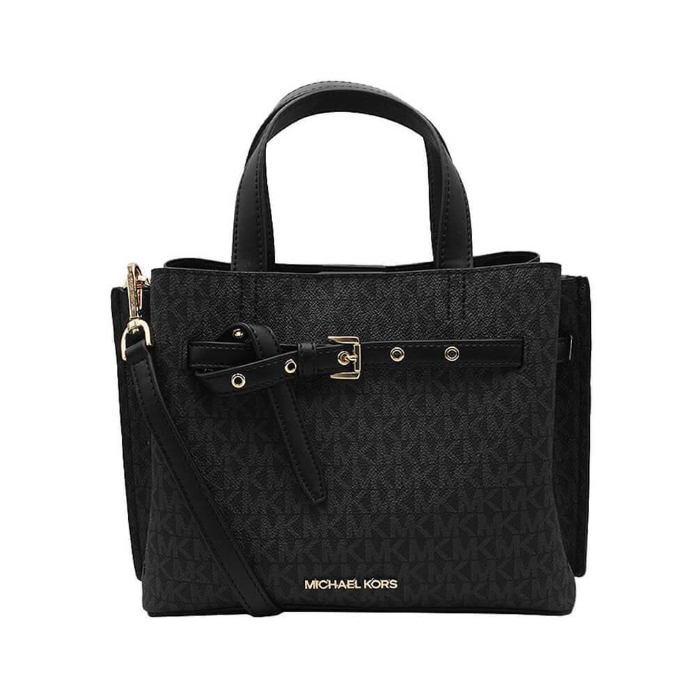 【Michael Kors】EMILIA金字LOGO滿版紐結環扣手提/肩背/斜背三層包(灰黑)