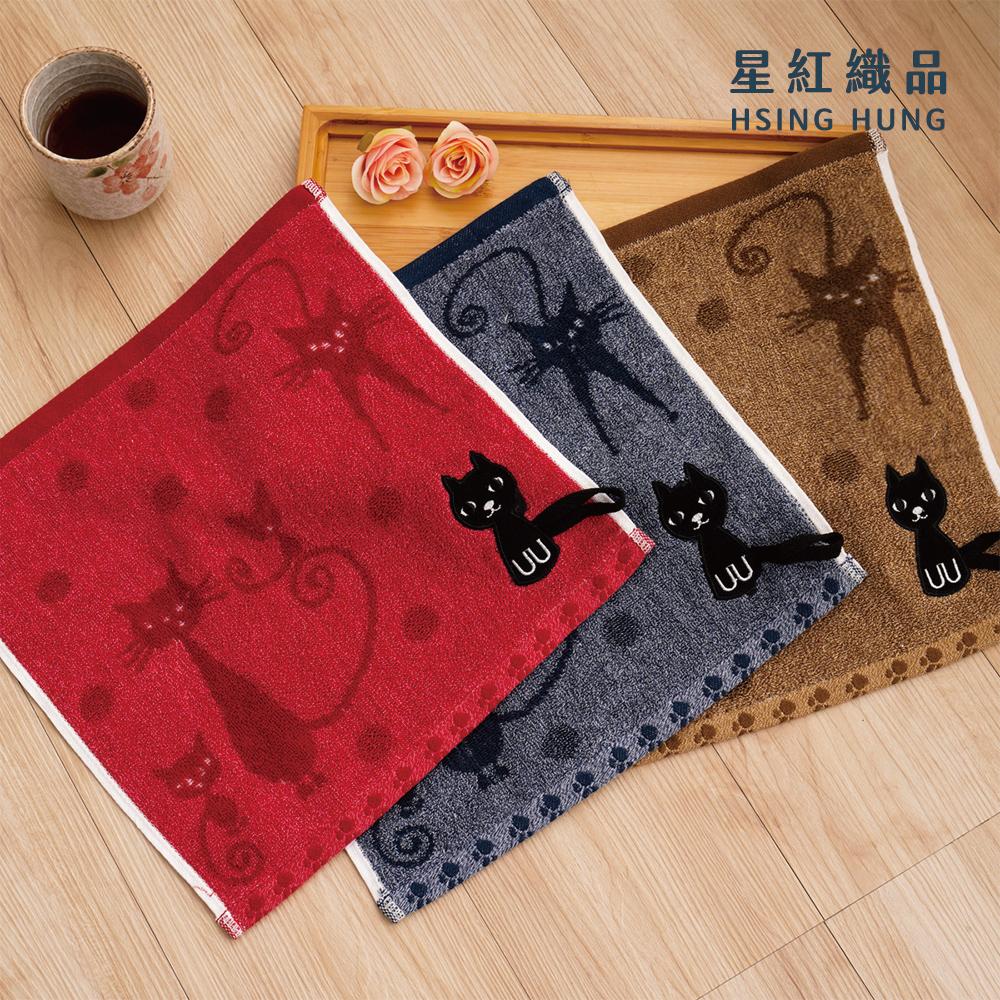 【星紅織品】黑色小貓純棉方巾-12入