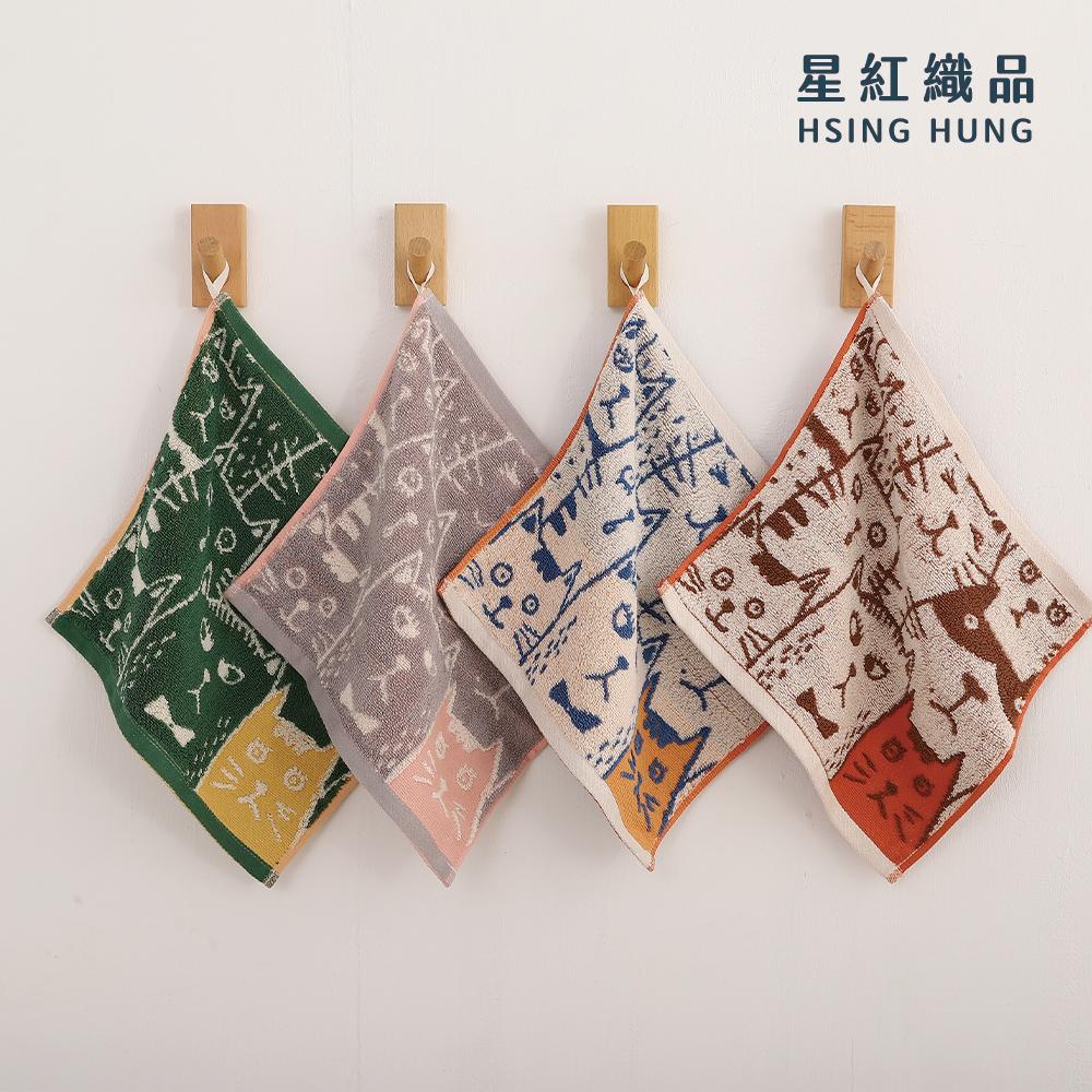 【星紅織品】可愛胖胖貓雙面圖案純棉方巾-24入
