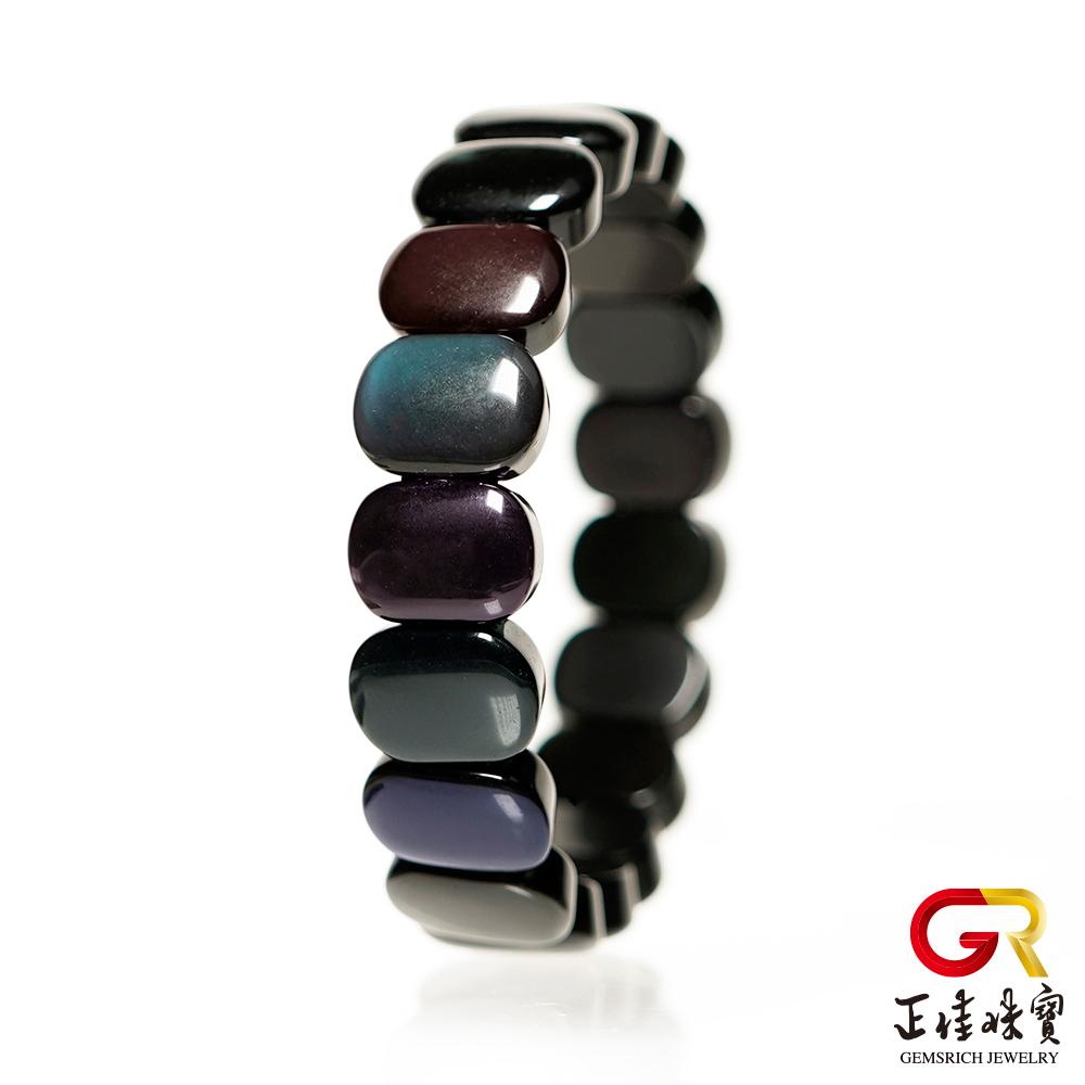 【正佳珠寶】彩虹黑曜石 高品雙眼黑曜 10x14mm 彩虹黑曜石手排｜日本彈力繩