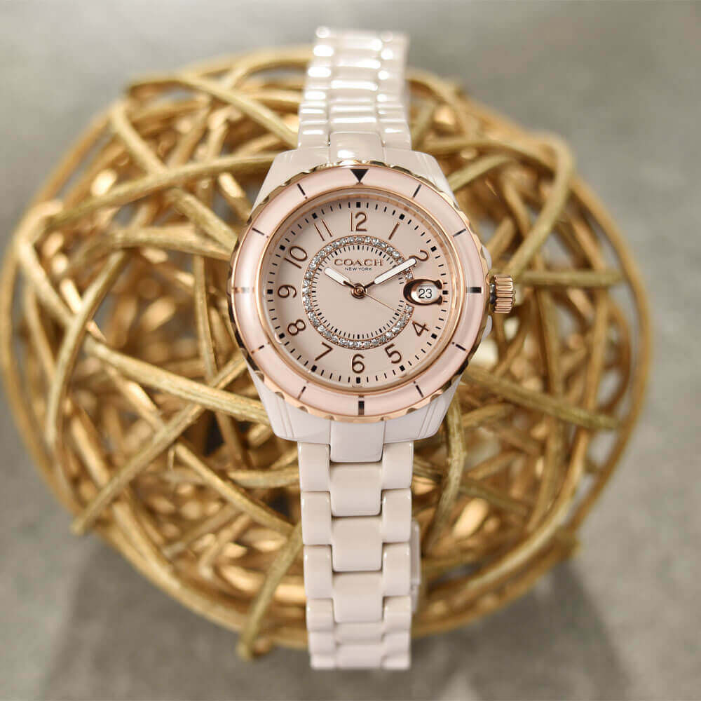 黃金週特惠!COACH經典粉紅全陶瓷腕錶