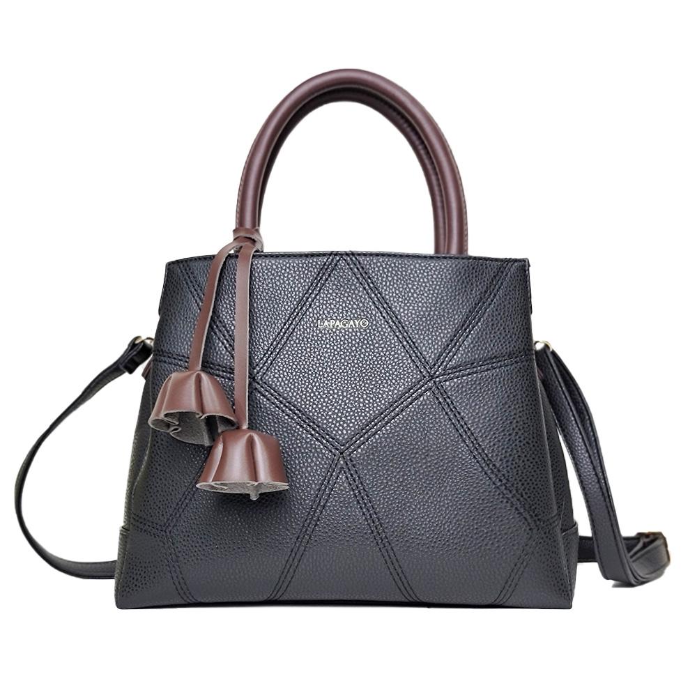 【lapagayo】 氣質拼接皮革設計手提包(黑色)