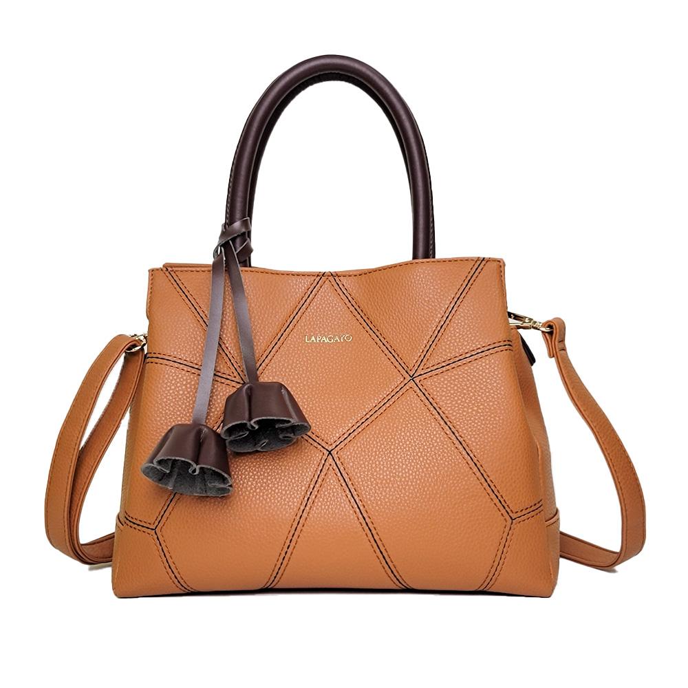 【lapagayo】 氣質拼接皮革設計手提包(棕色)