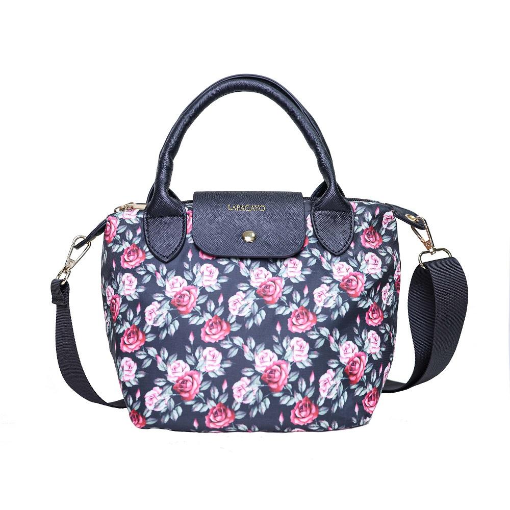 【lapagayo】典雅玫瑰尼龍手提包(黑色)
