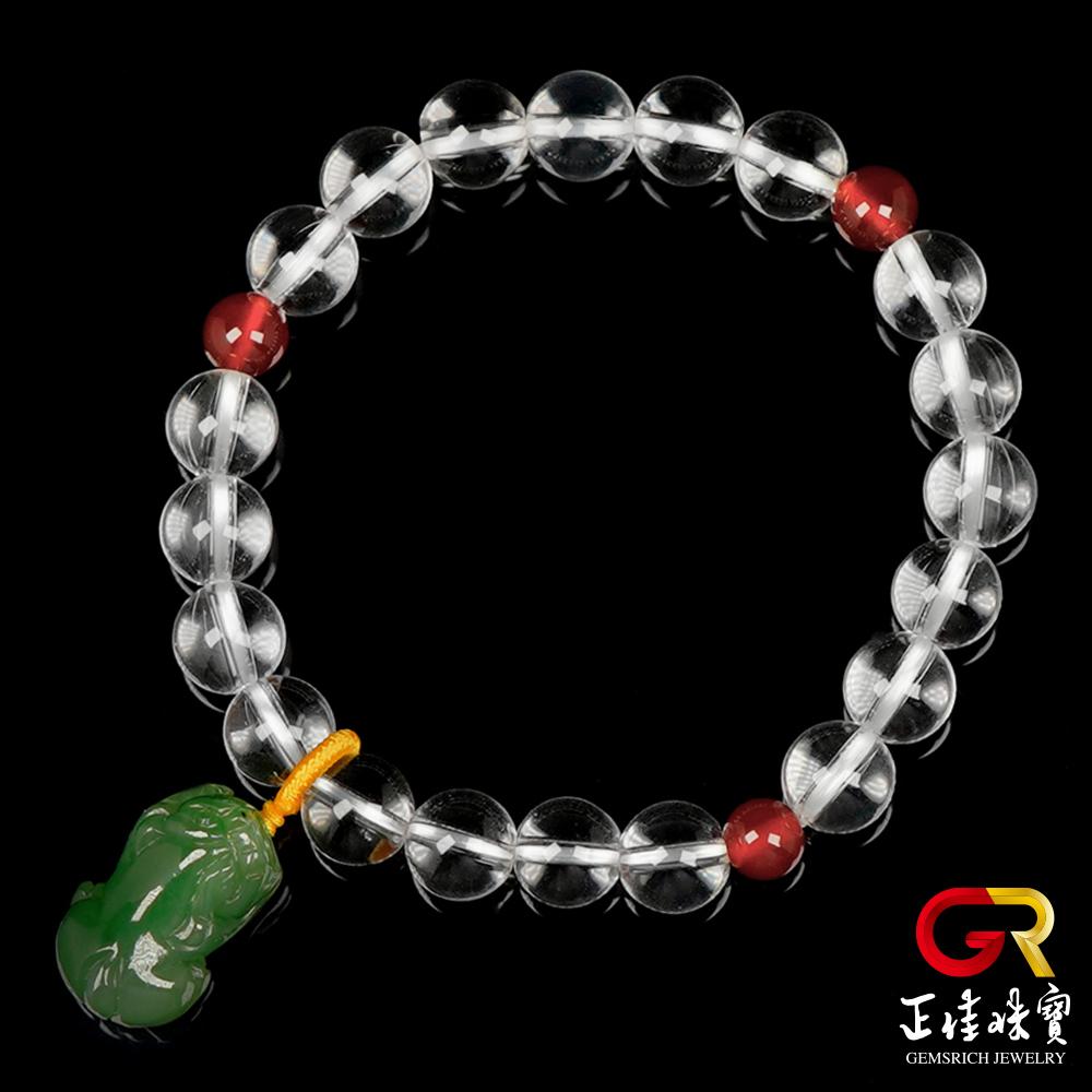 【正佳珠寶】白水晶 和田碧玉咬錢貔貅轉運珠 白水晶手珠｜日本彈力繩
