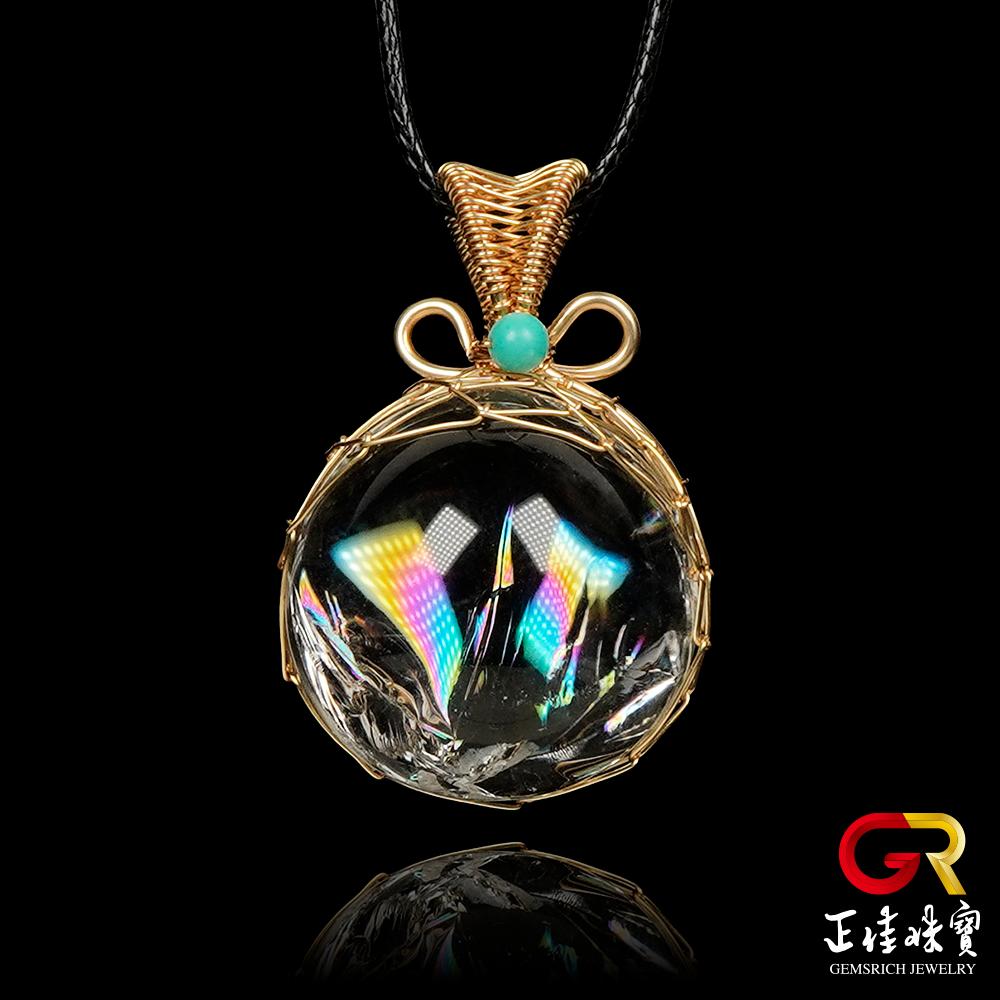 【正佳珠寶】白水晶 頂級彩虹阿賽 18.8mm 白水晶吊墜｜黃銅皮繩