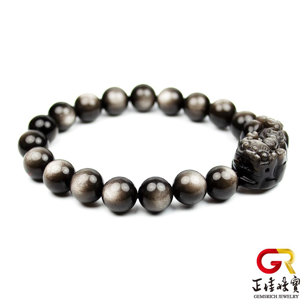 【正佳珠寶】銀曜石 月光銀耀石 金錢貔貅月白閃光銀曜石手珠｜日本彈力繩