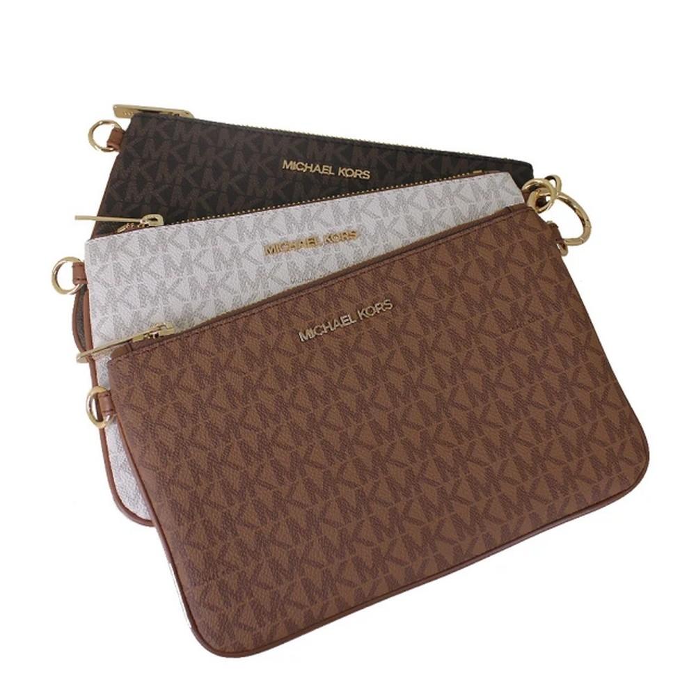 Michael Kors JET SET ITEM 經典滿版Logo防刮皮革三組三色手拿/肩斜背包(鴕色)