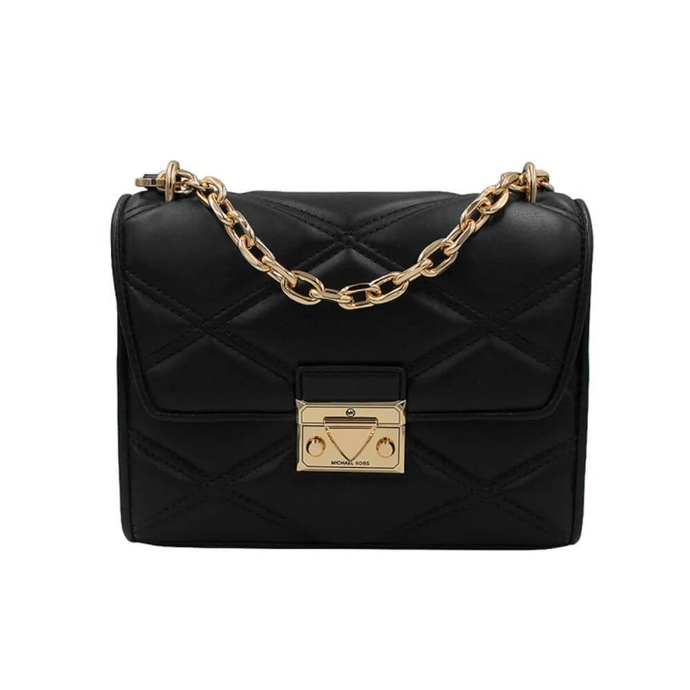 Michael Kors SERENA金釦菱格紋皮革鏈帶肩背/斜背兩用包(黑色)