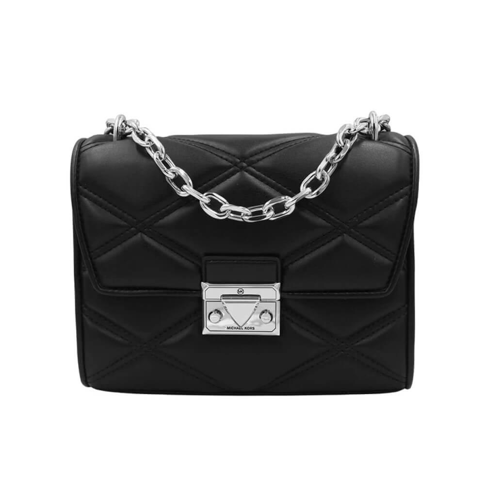 Michael Kors SERENA銀釦菱格紋皮革鏈帶肩背/斜背兩用包(黑銀)