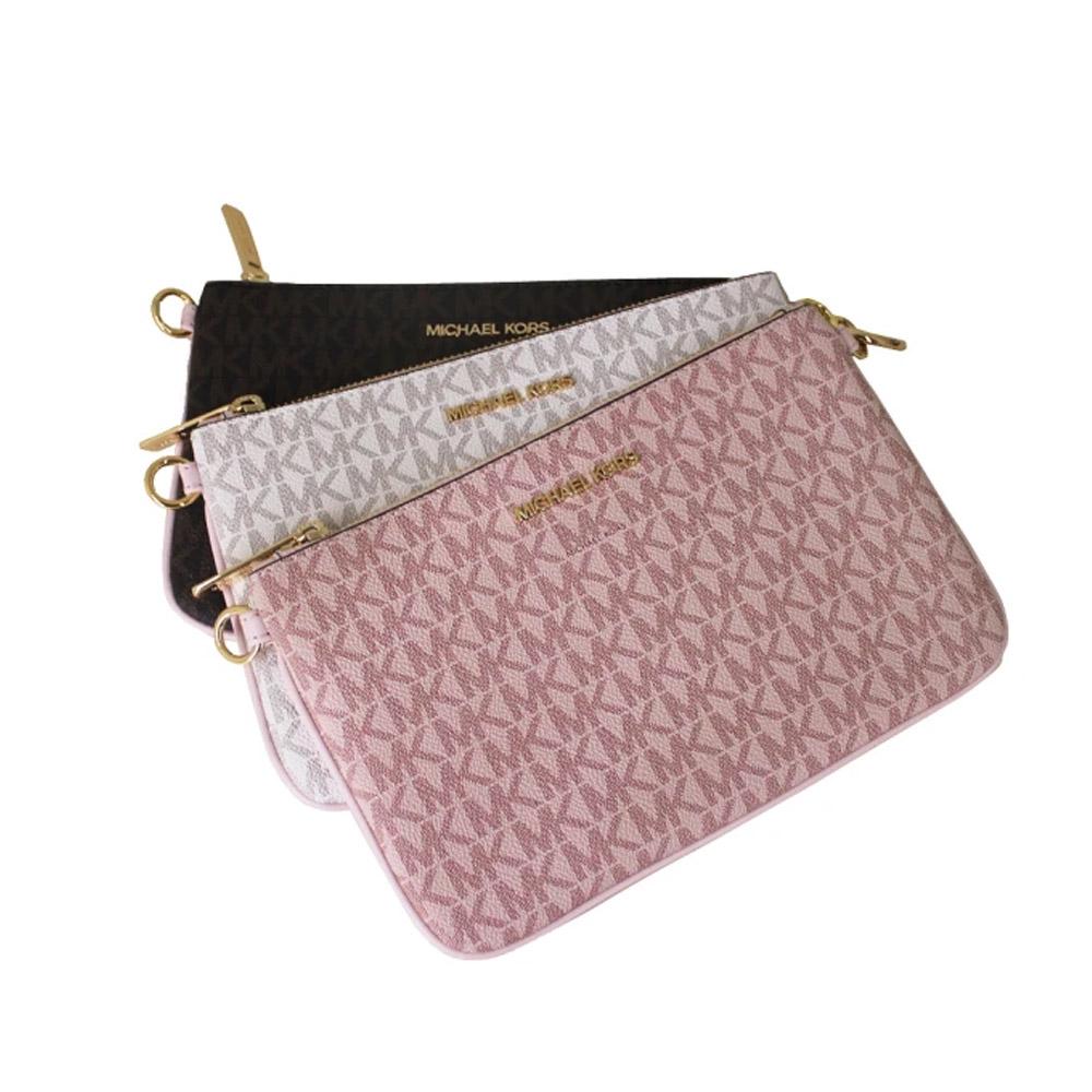 Michael Kors JET SET ITEM 經典滿版Logo防刮皮革三組三色手拿/肩斜背包(櫻花枌)